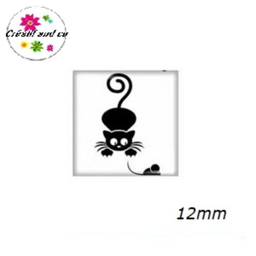 X2 cabochons carrés chat noir fond blanc 12mm