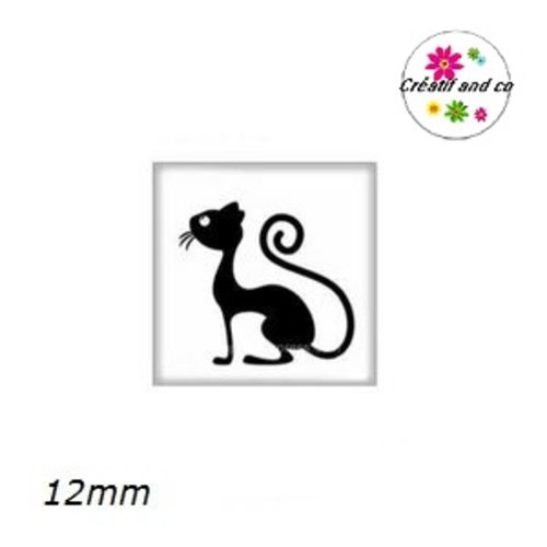X2 cabochons carrés chat noir fond blanc 12mm