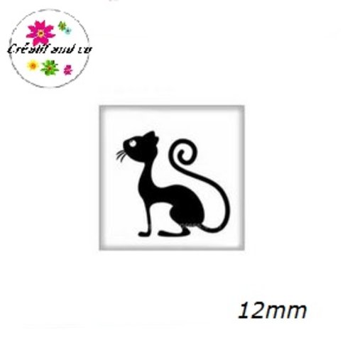 X2 cabochons carrés chat noir fond blanc 12mm