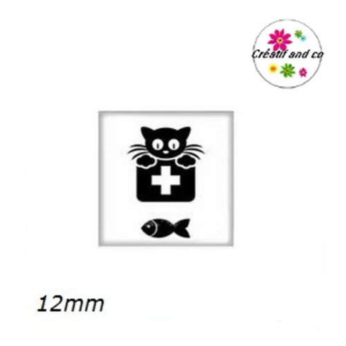 X2 cabochons carrés chat noir fond blanc 12mm