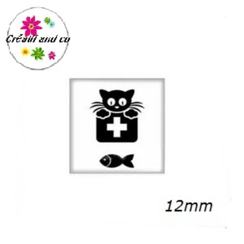 X2 cabochons carrés chat noir fond blanc 12mm