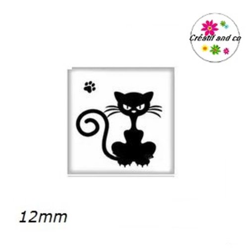 X2 cabochons carrés chat noir fond blanc 12mm