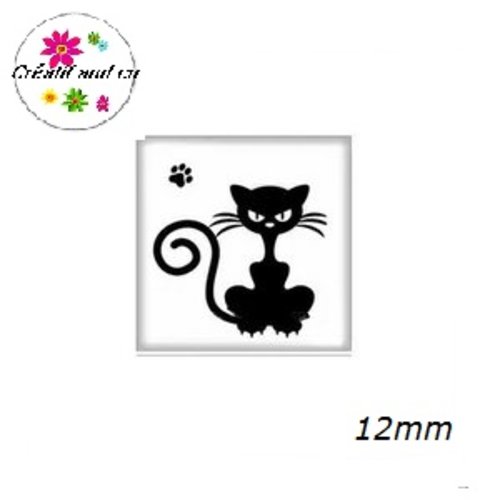 X2 cabochons carrés chat noir fond blanc 12mm