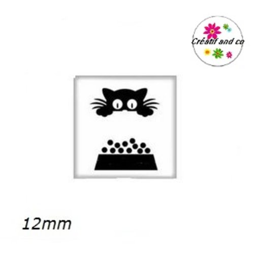 X2 cabochons carrés chat noir fond blanc 12mm