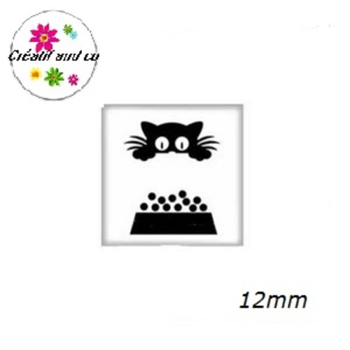 X2 cabochons carrés chat noir fond blanc 12mm