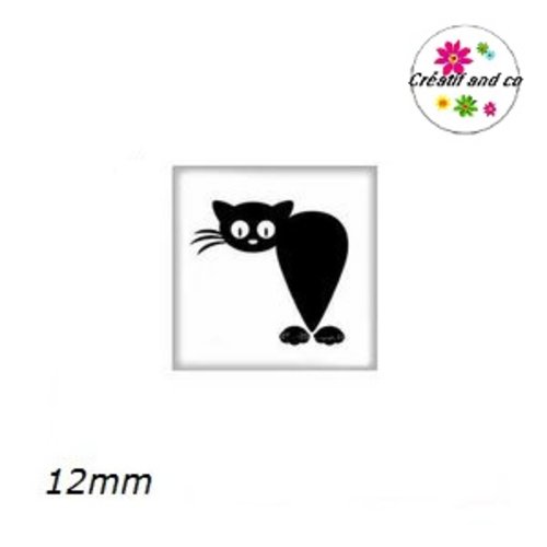 X2 cabochons carrés chat noir fond blanc 12mm