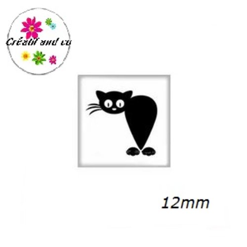 X2 cabochons carrés chat noir fond blanc 12mm
