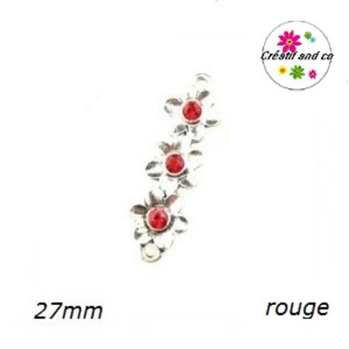 Connecteur trio de fleurs métal et strass rouge 27mm