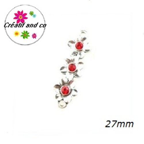 Connecteur trio de fleurs métal et strass rouge 27mm