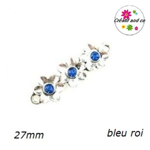 Connecteur trio de fleurs métal et strass  bleu roi  27mm