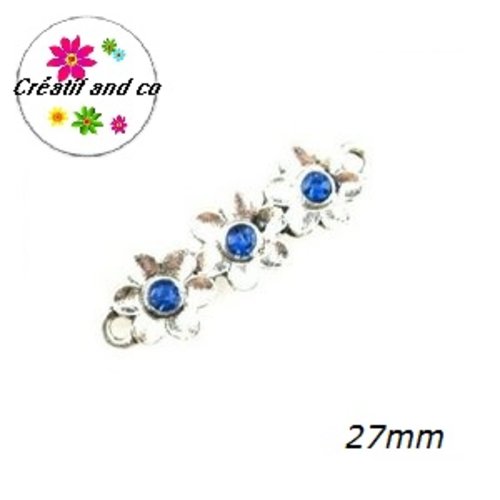 Connecteur trio de fleurs métal et strass  bleu roi  27mm