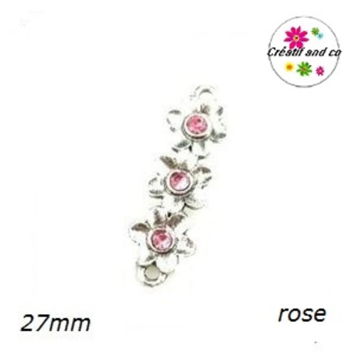 Connecteur trio de fleurs métal et strass rose 27mm