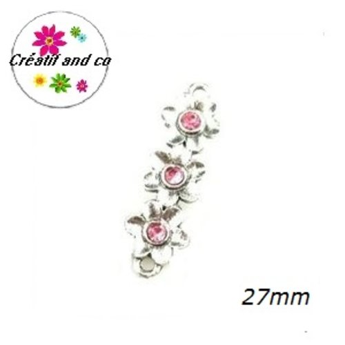 Connecteur trio de fleurs métal et strass rose 27mm