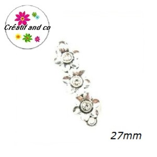 Connecteur trio de fleurs métal et strass blanc 27mm