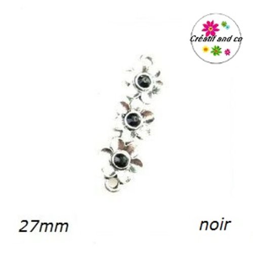 Connecteur trio de fleurs métal et strass noir 27mm
