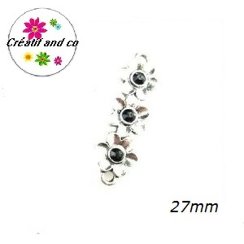 Connecteur trio de fleurs métal et strass noir 27mm