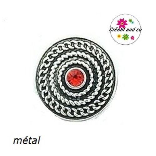 Bouton pression métal strass central rouge