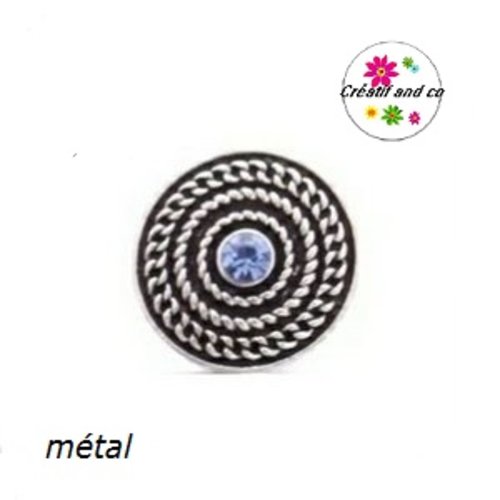 Bouton pression métal strass central bleu