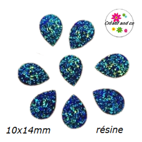 X2 cabochons goutte druzy noir bleuté résine 10x14mm