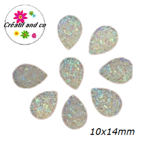 X2 cabochons goutte druzy blanc résine 10x14mm