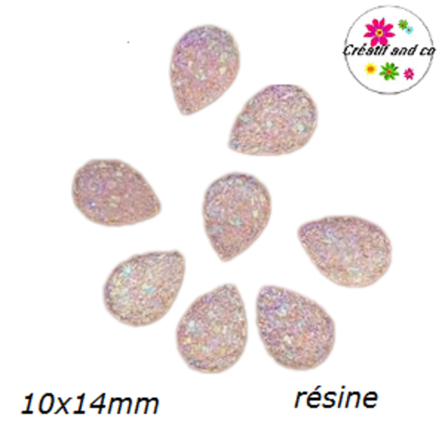 X2 cabochons goutte druzy rose pâle résine 10x14mm