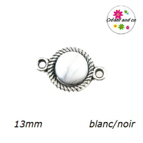 Connecteur cabochon dôme résine blanc strié de noir 13mm
