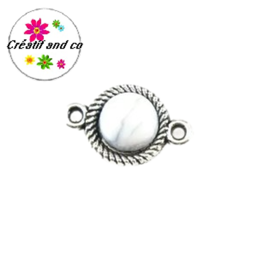 Connecteur cabochon dôme résine blanc strié de noir 13mm