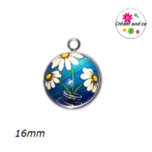 Pendentif cabochon fleurs blanches dans vase 16mm