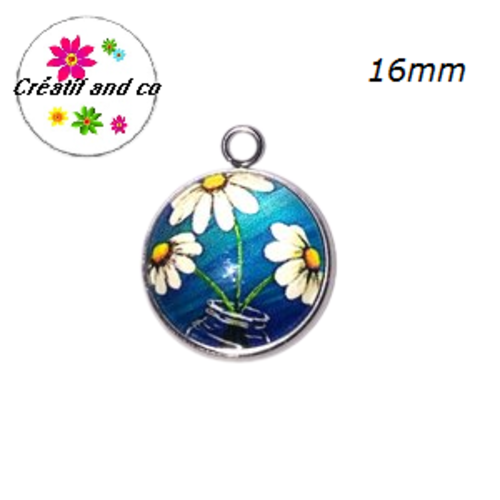 Pendentif cabochon fleurs blanches dans vase 16mm