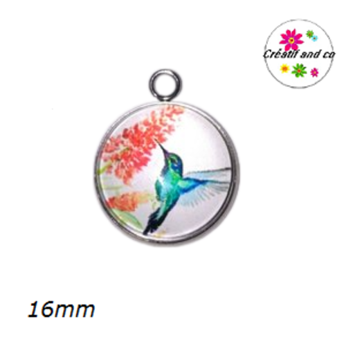 Pendentif cabochon oiseau coloré 16mm