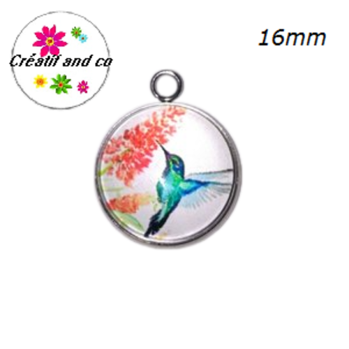 Pendentif cabochon oiseau coloré 16mm