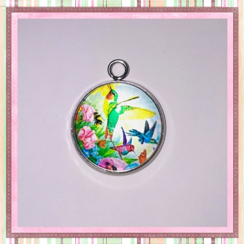 Pendentif cabochon oiseau coloré 16mm