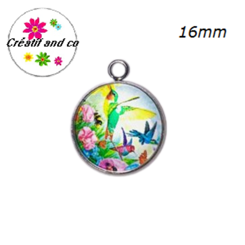 Pendentif cabochon oiseau coloré 16mm
