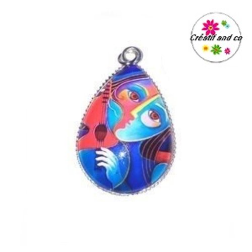 Pendentif cabochon goutte femme et sa guitare