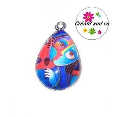 Pendentif cabochon goutte femme et sa guitare
