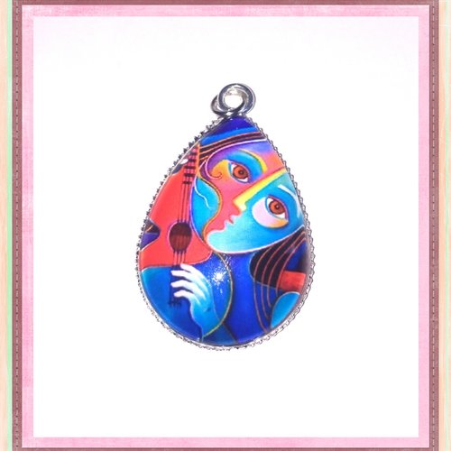 Pendentif et son cabochon goutte femme et sa guitare 18x25mm