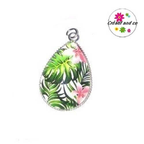 Pendentif cabochon goutte feuille tropicale