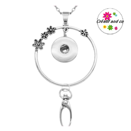 Porte badge à crochet cercle fleuri pour bouton pression 18mm
