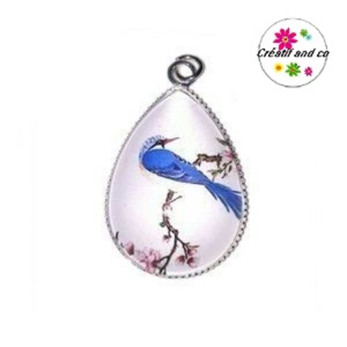 Pendentif cabochon goutte oiseau bleu