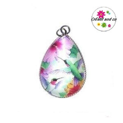 Pendentif cabochon goutte duo d'oiseaux
