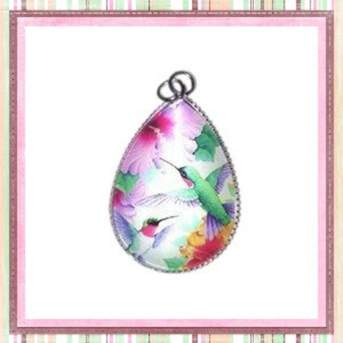 Pendentif et son cabochon goutte duo d'oiseaux 18x25mm