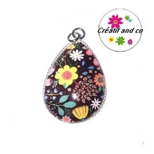 Pendentif cabochon goutte fleur