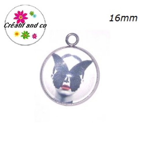 Pendentif cabochon papillon noir sur visage 16mm