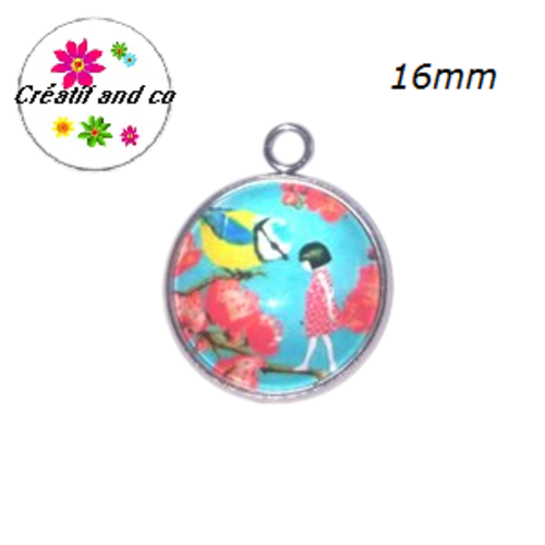Pendentif cabochon petite fille et oiseau 16mm