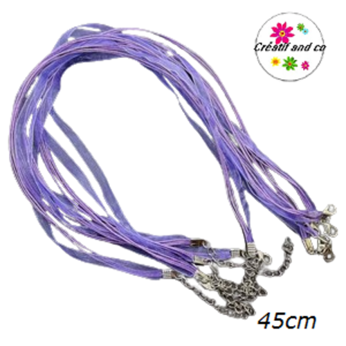 Tour du cou coton et organza mauve foncé 45cm