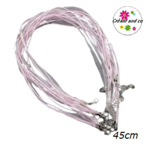 Tour du cou coton et organza rose 45cm