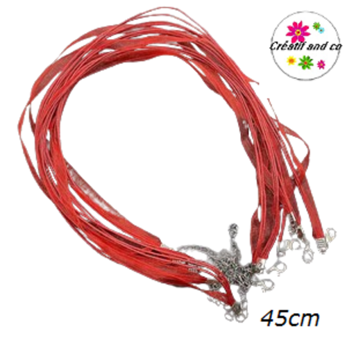 Tour du cou coton et organza rouge 45cm