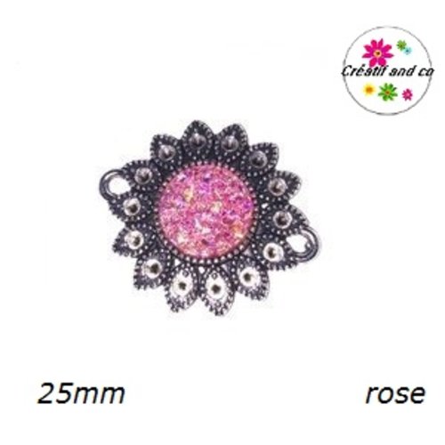 Connecteur argent tibétain forme fleur cabochon rose 25mm