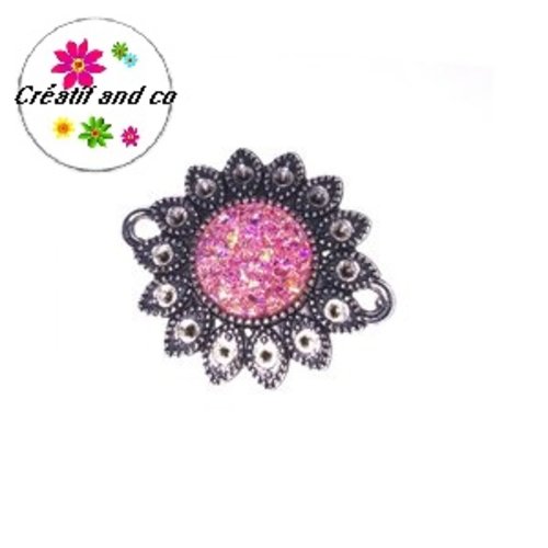 Connecteur argent tibétain forme fleur cabochon rose 25mm