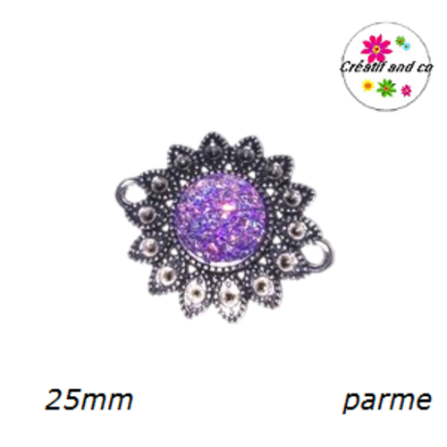 Connecteur argent tibétain forme fleur cabochon parme 25mm